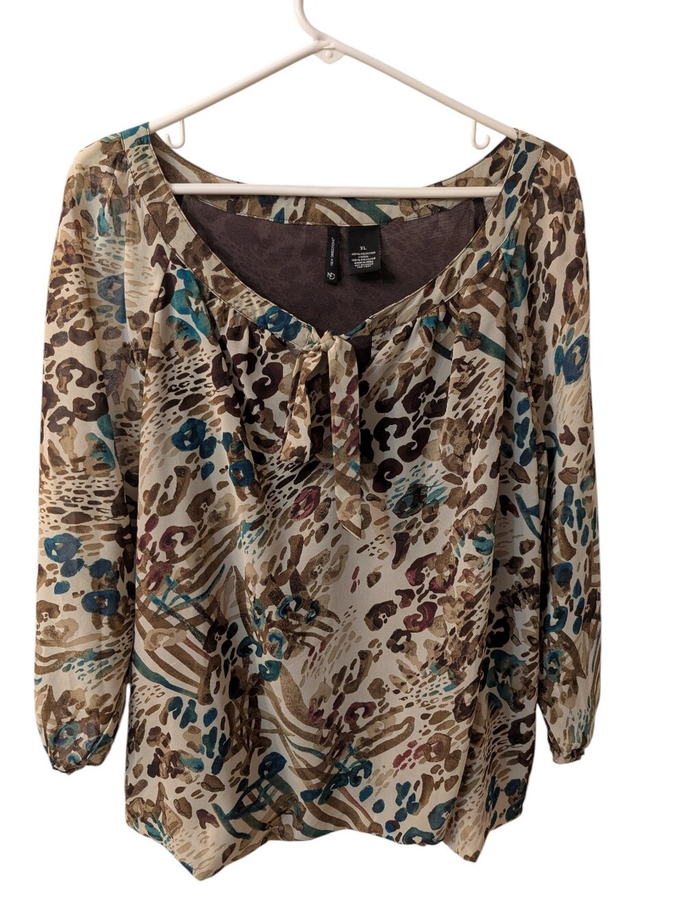 New Direction Tie-Neck Animal Print Blouse in Brown and Teal